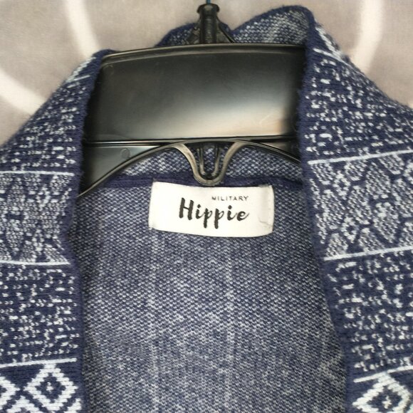 Military Hippie Womens One Size S/M Cardigan Sweater Blue Pattern Open Front - Picture 3 of 6